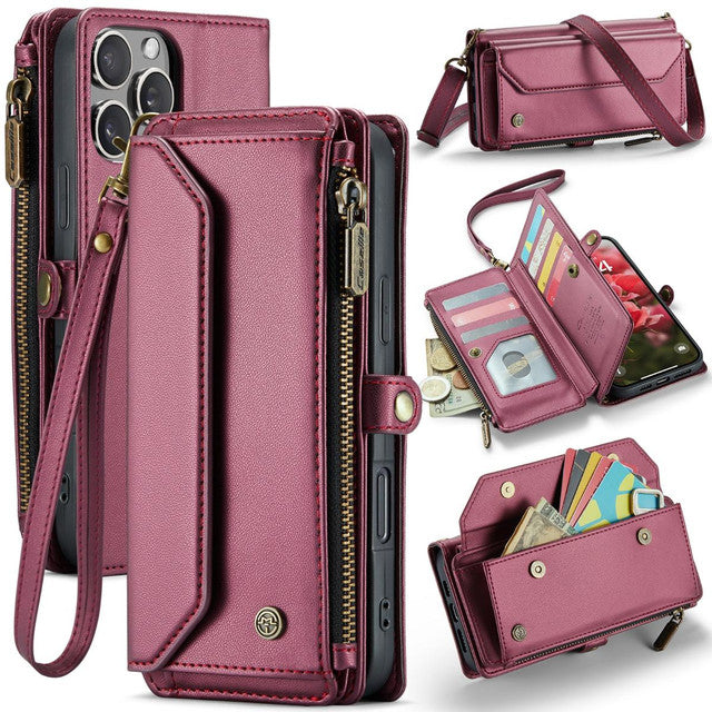 Wine Crossbody Leather Wallet Case RFID & Cash Slot For iPhone 16 Pro Max