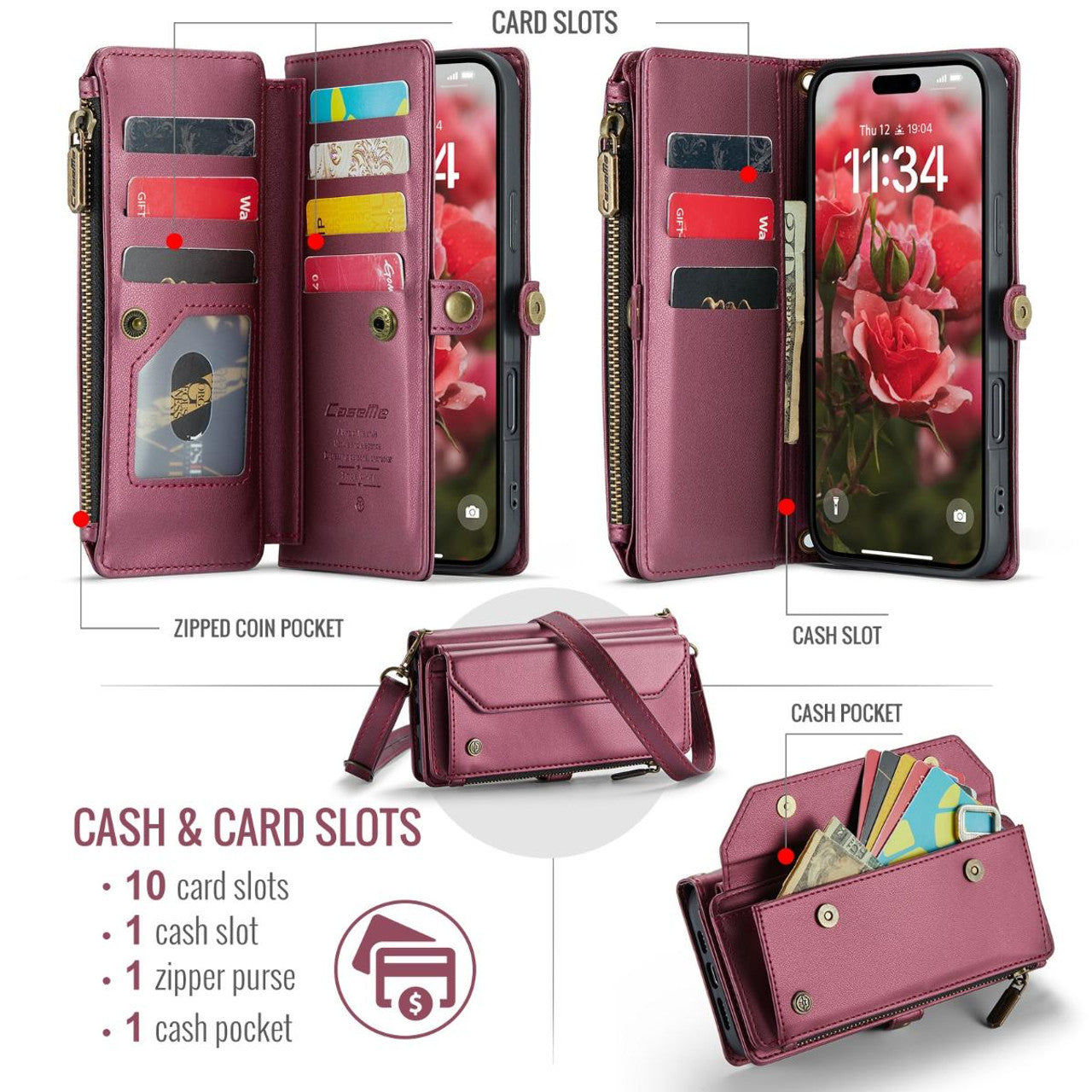 Wine Crossbody Leather Wallet Case RFID & Cash Slot For iPhone 16 Pro Max