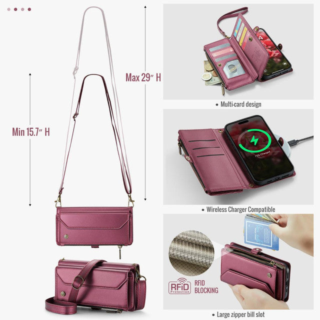 Wine Crossbody Leather Wallet Case RFID & Cash Slot For iPhone 16 Pro Max