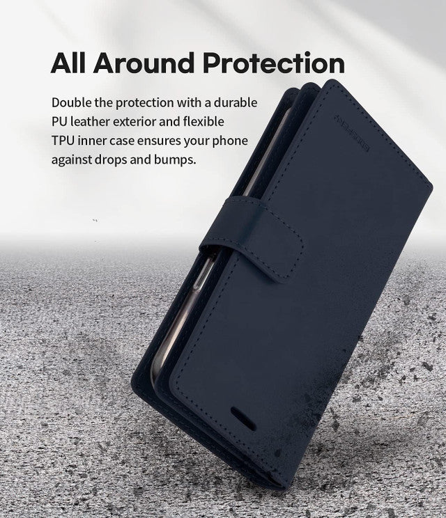 Navy Genuine Mercury Mansoor Diary Wallet Case For iPhone 16 Pro Max
